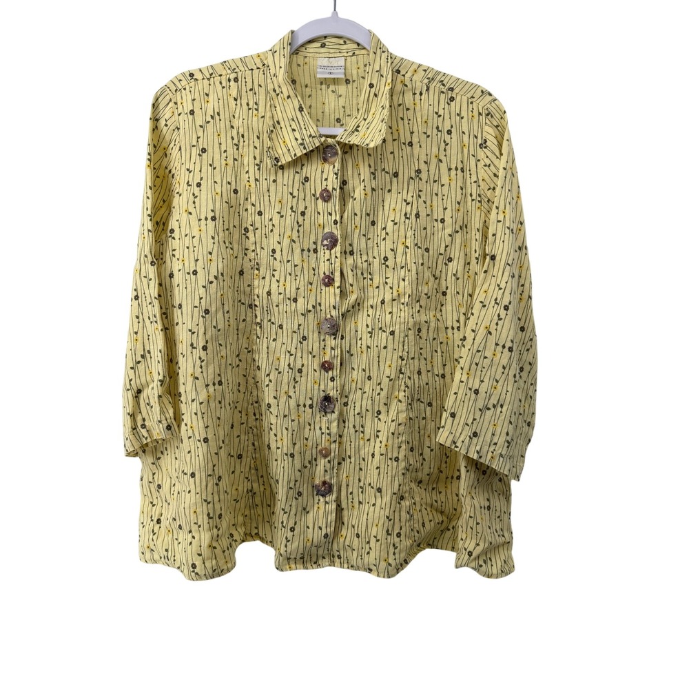 CMC Color Me Cotton Yellow Linen Floral Vine Button‎ Down Shirt Womens Small USA